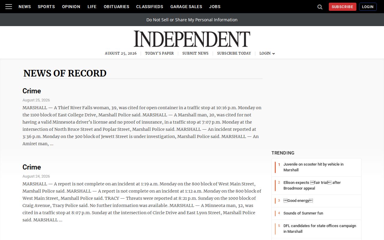 Marshall Independent News of Record page covering Lyon County-area public safety news