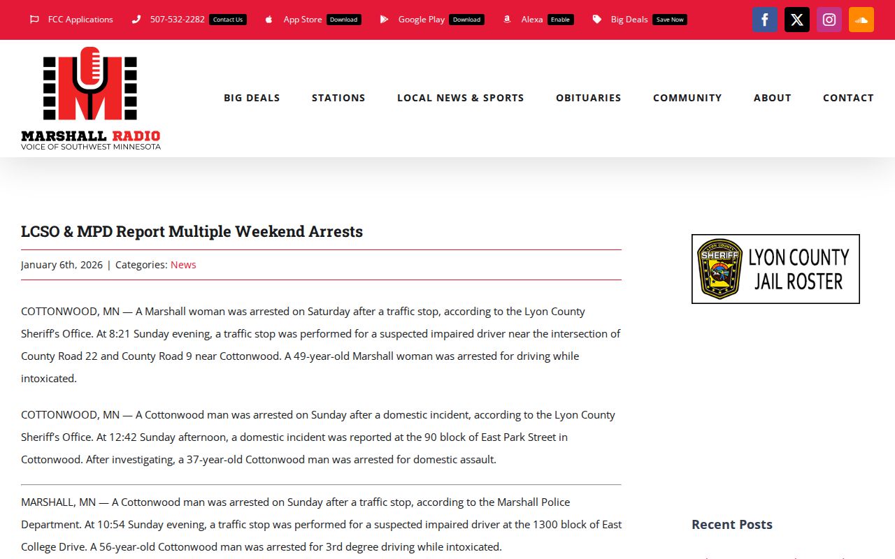 Marshall Radio article about reported weekend arrests attributed to Lyon County law-enforcement sources