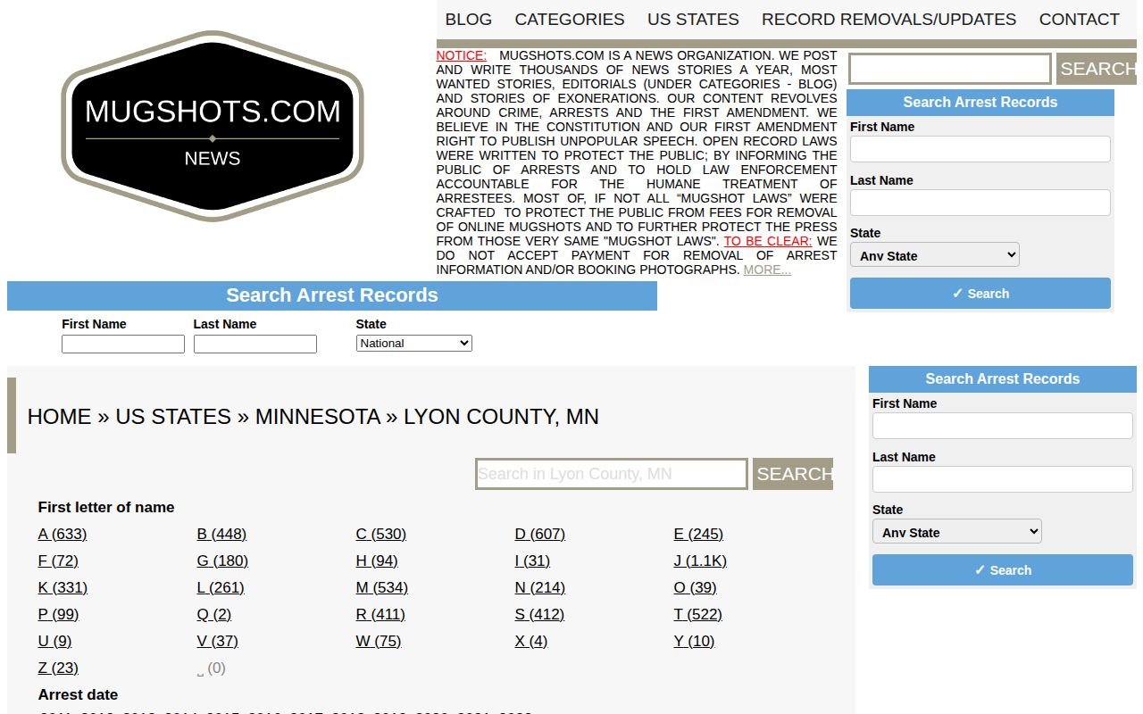 Mugshots.com Lyon County page shown as an unofficial historical secondary source