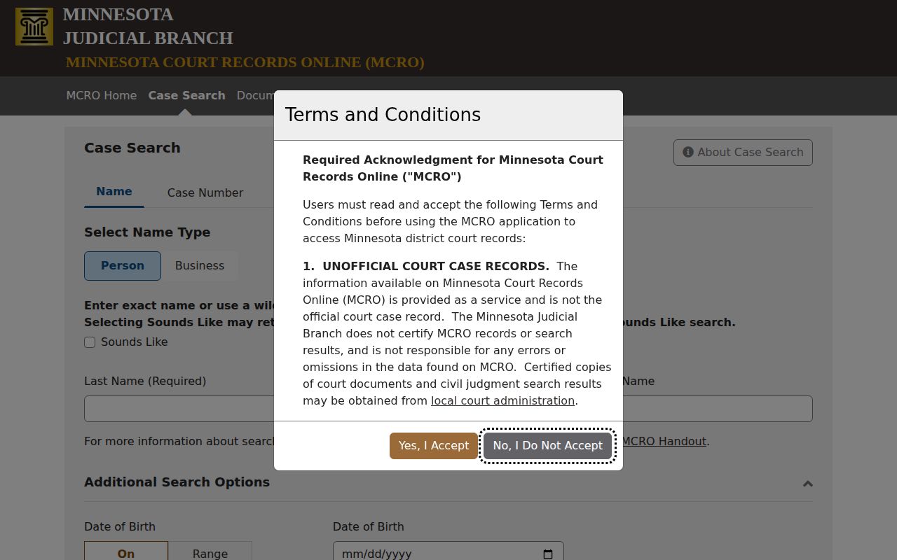 Lyon County court disposition search through Minnesota Court Records Online