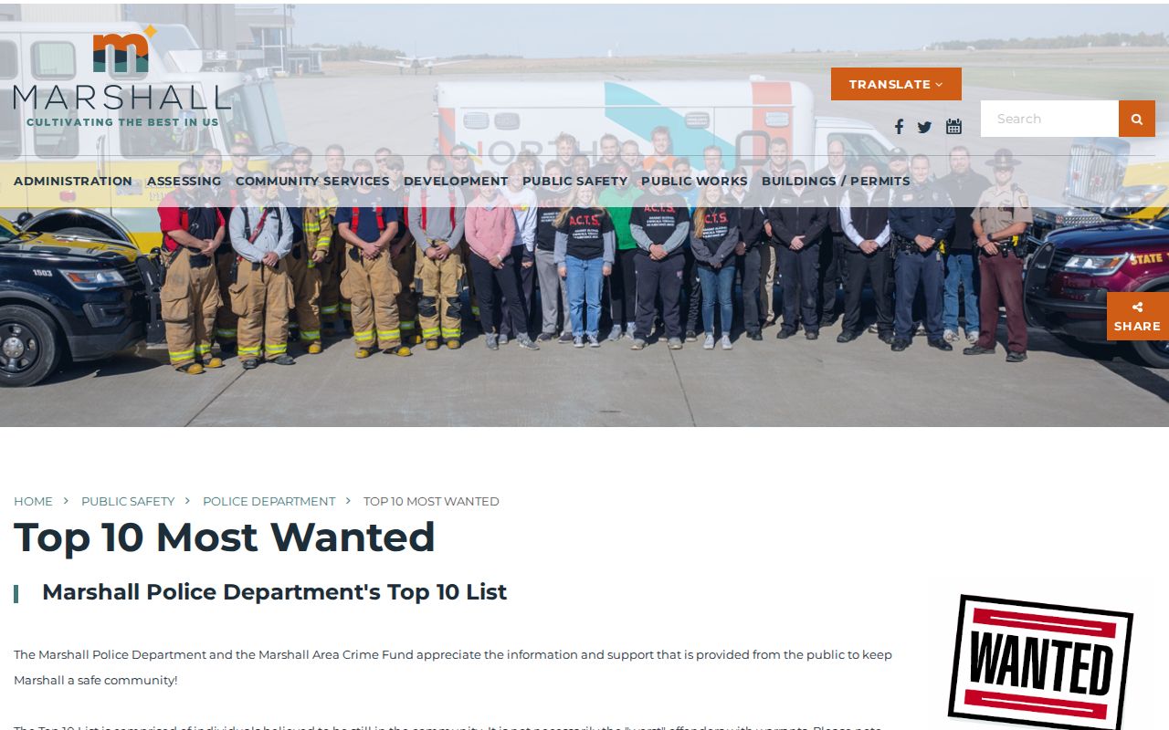 Marshall Police Department Top 10 Most Wanted webpage, the official Lyon County-area wanted-list source