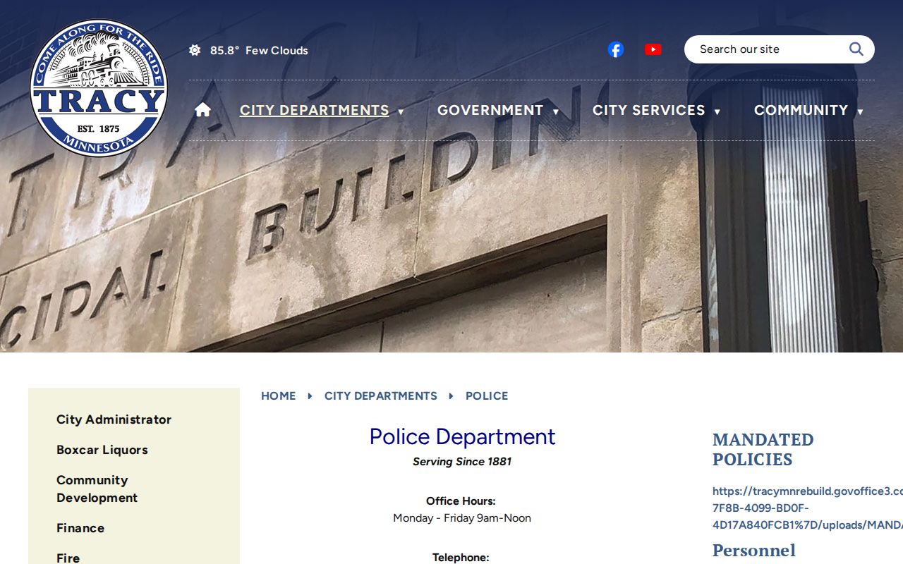 Lyon County Tracy Police Department page for Tracy arrest-record information